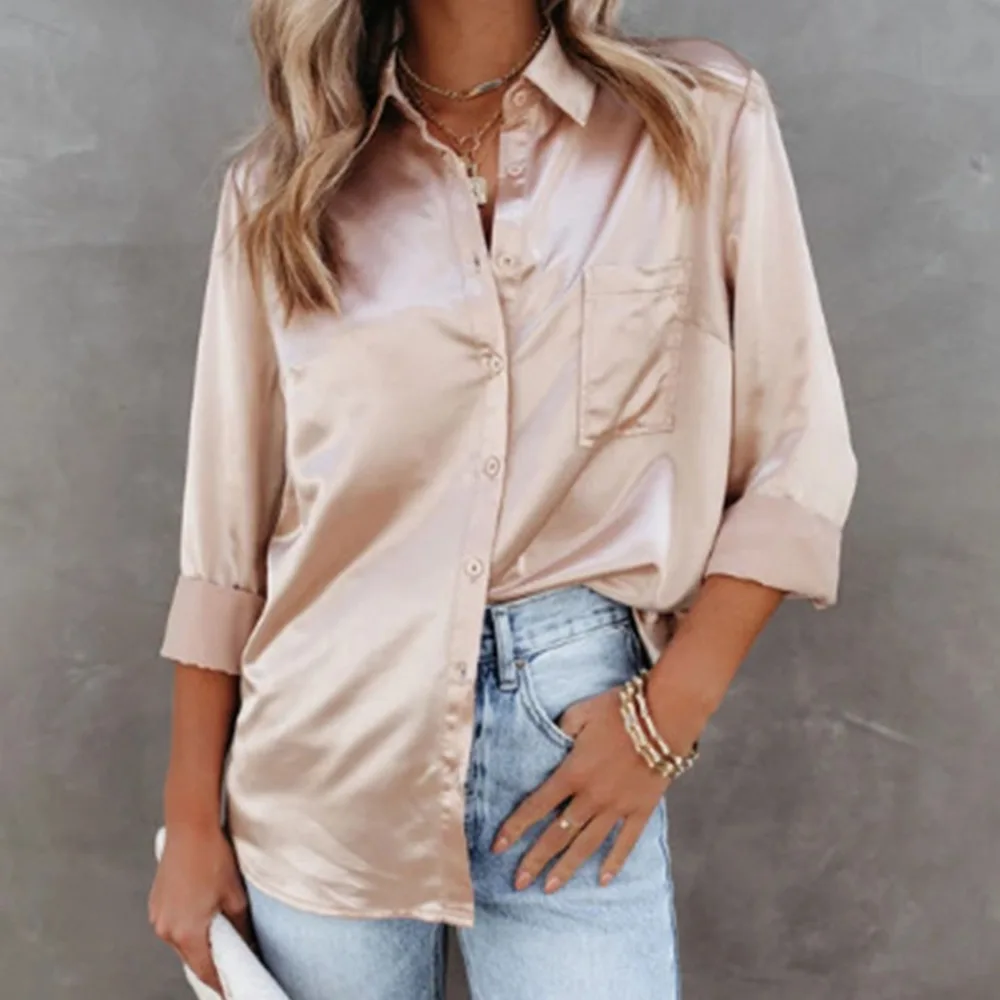 New Women Solid Color Satin Blouse Long Sleeve Fashion Cardigan Style Single Breasted Lapel Shirt With Pocket For Female