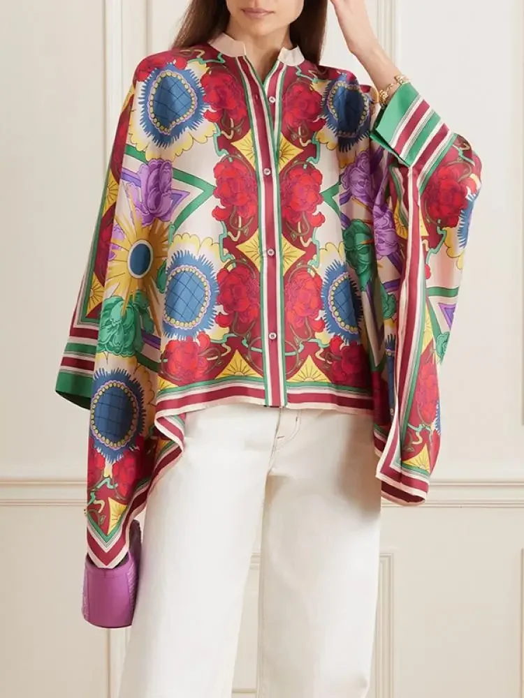 

Women's Colorful Printed Blouse Stand Collar Batwing Sleeves Loose T-shirt 2025 Autumn Stylish Buttoned Casual Shirts
