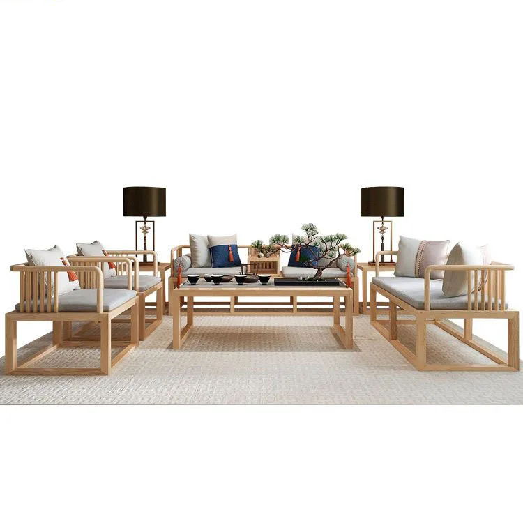 New Chinese log solid wood sofa combination, modern fabric sofa tea house