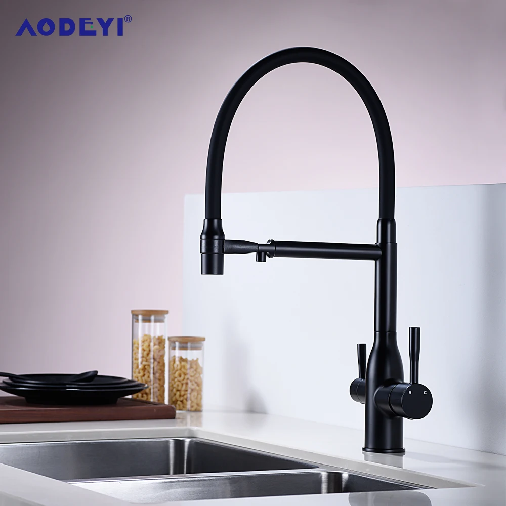 Black Kitchen Water Filter Faucet Brass Drinking Filtered Crane Dual Spout Mixer 360 Degree Rotation Water Purification Taps