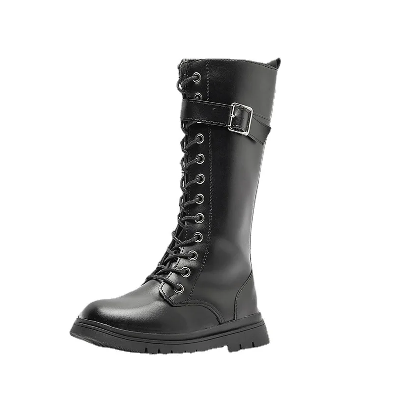 Girls Black Riding Boots 2026 Winter New Tall Boots for Big Kids Non-Slip Leather Boots Faux Fur Lined Side Zipper