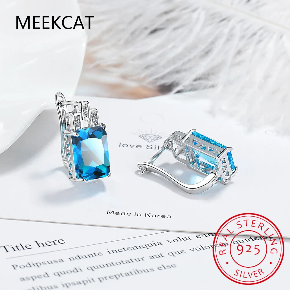 Emerald Cut Created Sky Blue Topaz 925 Sterling Silver Hoop Earrings for Women Fashion Statement Gemstone Jewelry