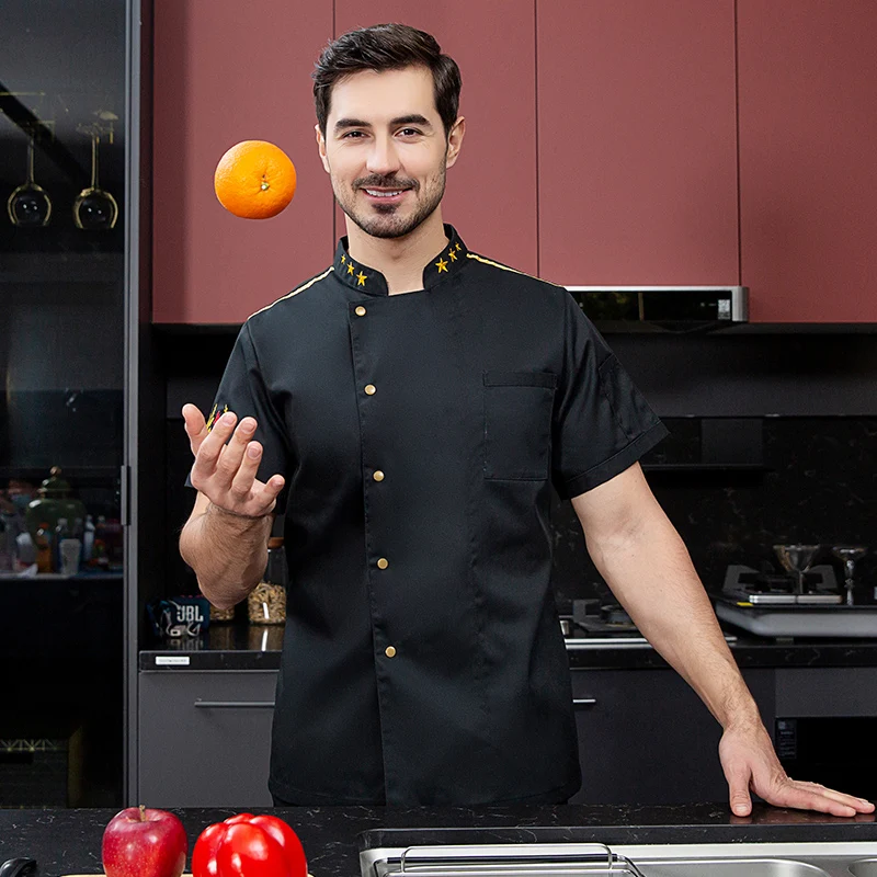 Uniforme Chef manga curta para homens e mulheres, jaqueta Chef, casaco cozinheiro, camiseta padeiro, uniforme de garçom, roupas de restaurante e hotel, uniforme com logotipo