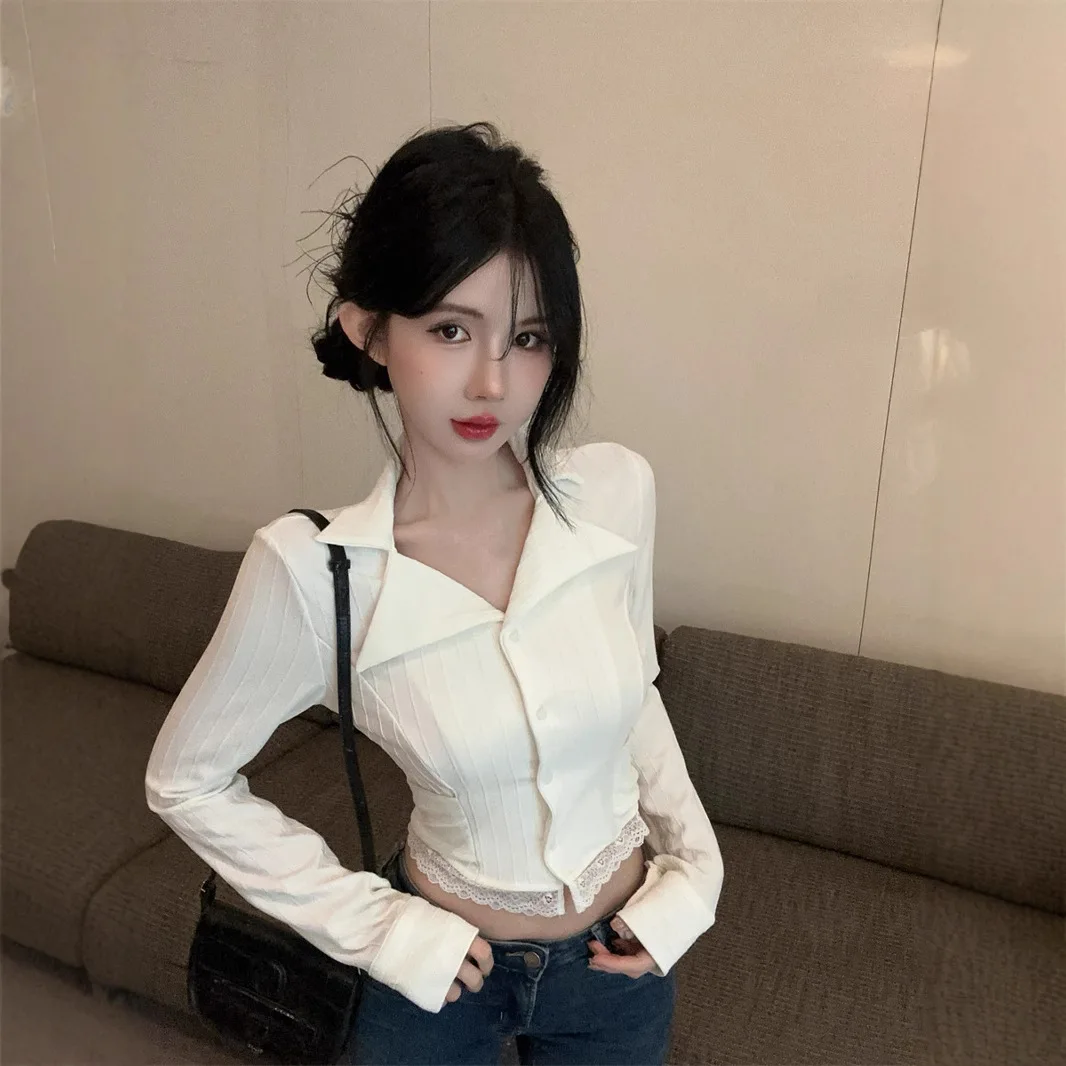 

Высокое качество, хит продаж, оптовая продажа, весенняя рубашка-поло с воротником-поло, кружевная белая рубашка Pure Desire, короткий топ, рубашка с ремешком на талии, женская рубашка Y2K