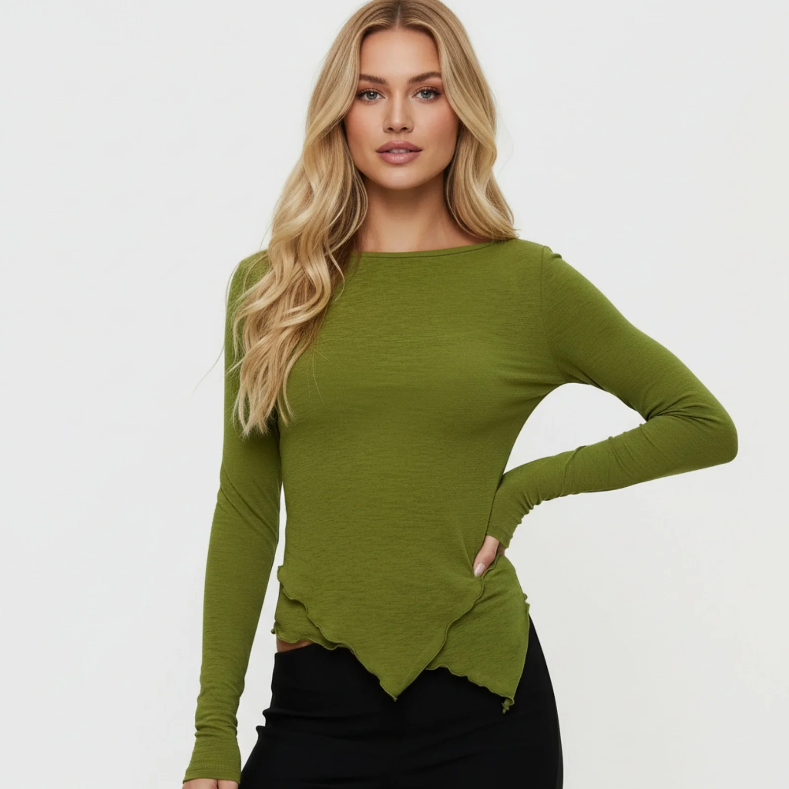 Women Slim Fit Stylish Irregular Hem Boat Neck Back Bandage T-Shirt Solid Color Long Sleeve Backless Street Tops for Fall/Spring