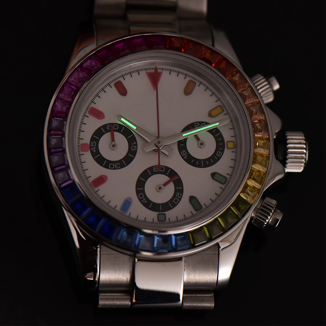 Customizable LOGO Modified VK63 Colourful Diamonds Gemstone Watch Top Men's Sport Panda 3-Eye Quartz Watch Sapphire 316 Steel