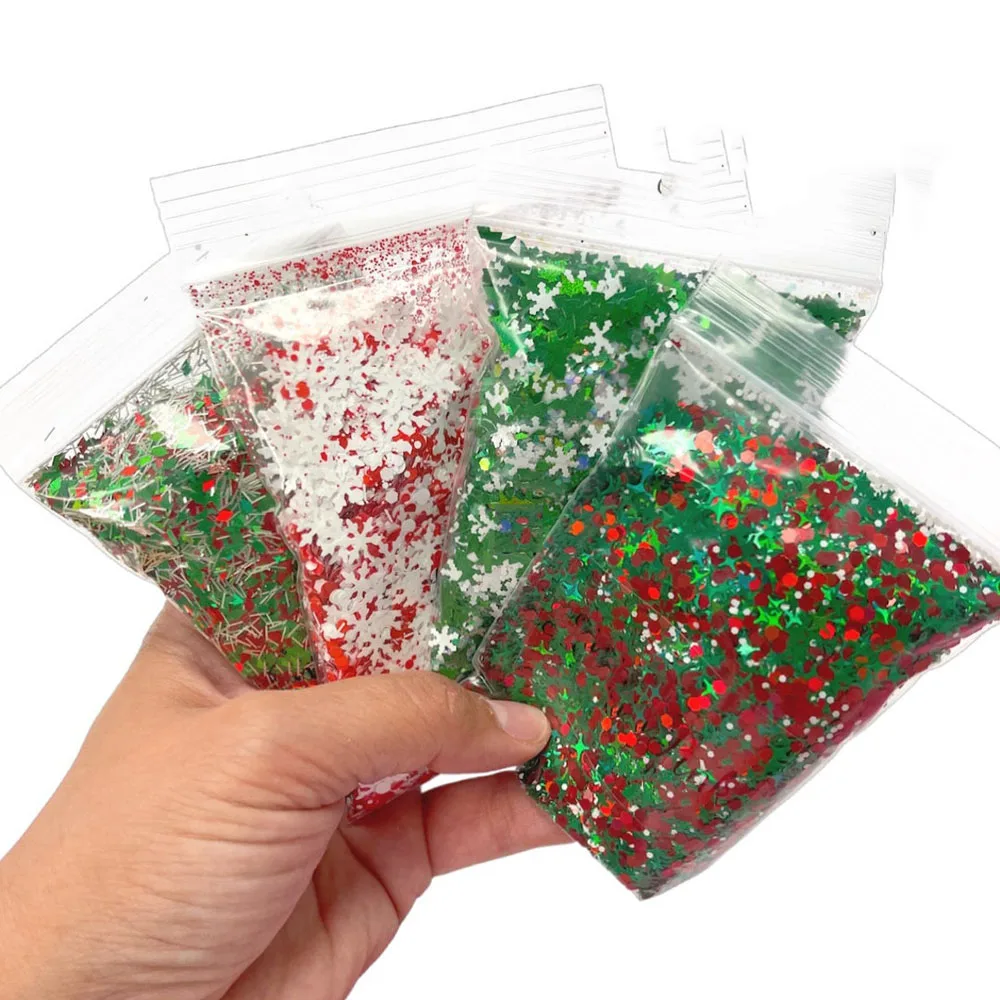 Christmas Nail Glitter Sequins para Manicure, Floco de Neve, Árvore, Hexágono, Círculo, Borboleta, Losango, Vermelho, Verde, Floco Branco, 50g, 1 Saco