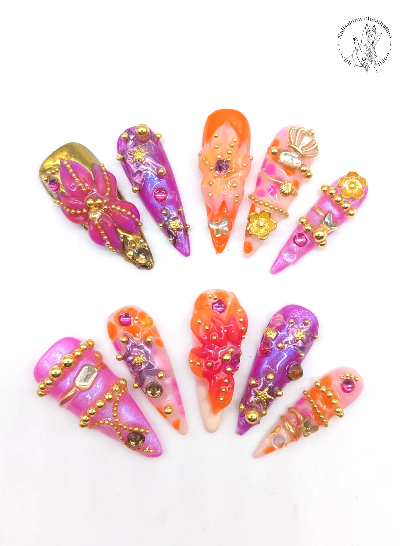 Handcrafted Press-On Nail Set of 10 33mm Length Slim Stiletto Design Gold Burgundy Purple Color French Style with Rhinestones Ba