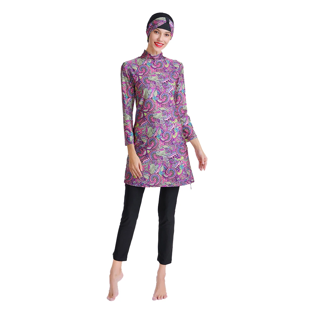 Burkini Muslim Swimwear for Women, Plus-sized, Vintage Floral Printed Swimwear with Cap, Surf, Plus Size, S-3XL, 3Pcs