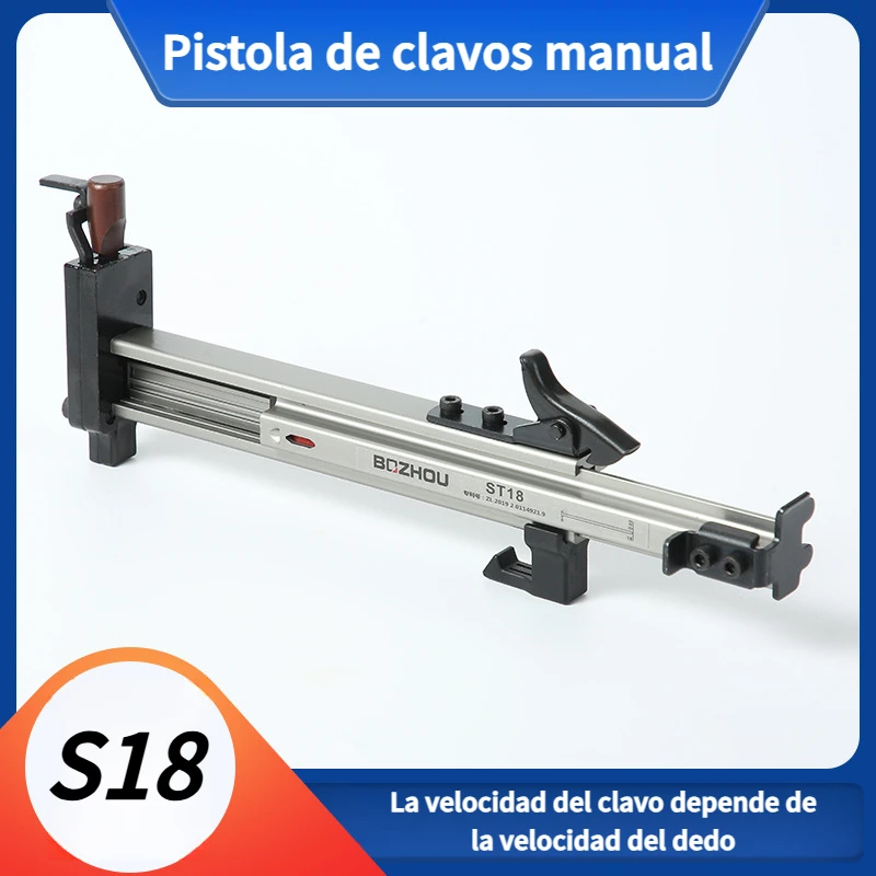 

ST18 pistola de clavos manual ranura de alambre herramienta de clavos de acero para decoración de carpintería (con soporte).