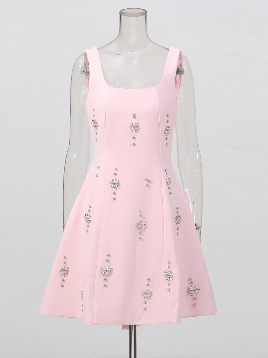 TWOTWINSTYLE Solide Verstärktes Applikationen Abnehmen Kleider Für Frauen Square Neck Ärmellose Hohe Taille Temperament Mini Kleid Weibliche