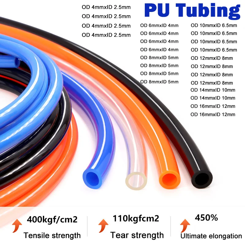 5Meters PU Pipe Pneumatic Hose Compressor Hose Air Tube Red Black Blue Transparent OD：4/6/8/10/12/14/16mm High-Voltage Resistant