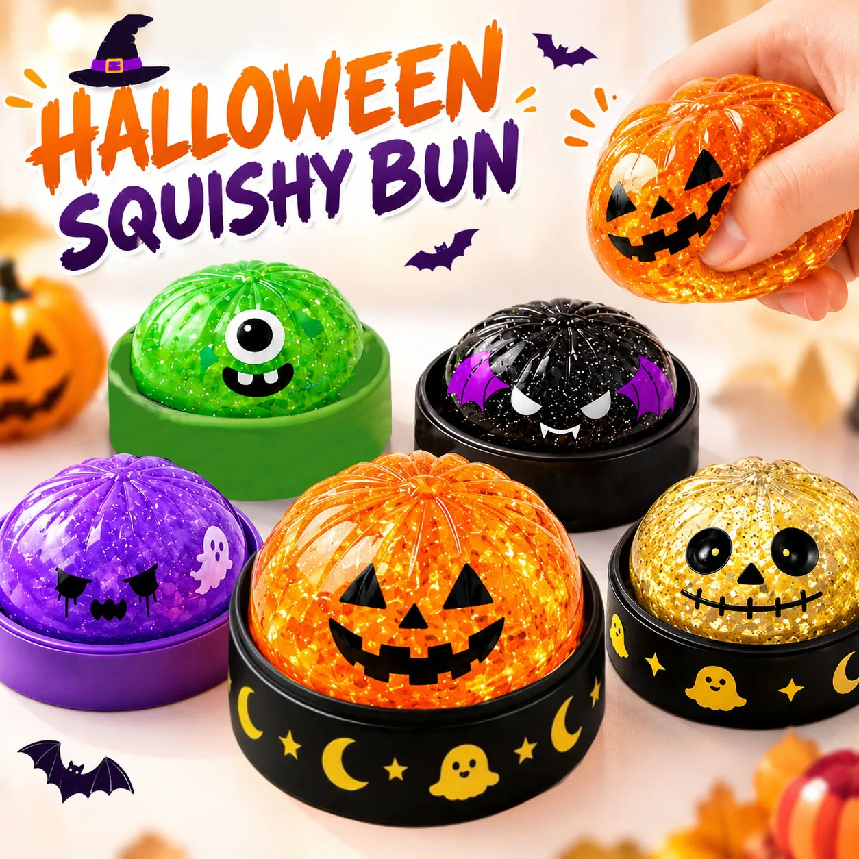 Halloween Dumpling Toy Pumpkin Squishy Toys Balls Glitter Slow Rising Pressure Stress Relief Fidget Toy for Party Adults Gift