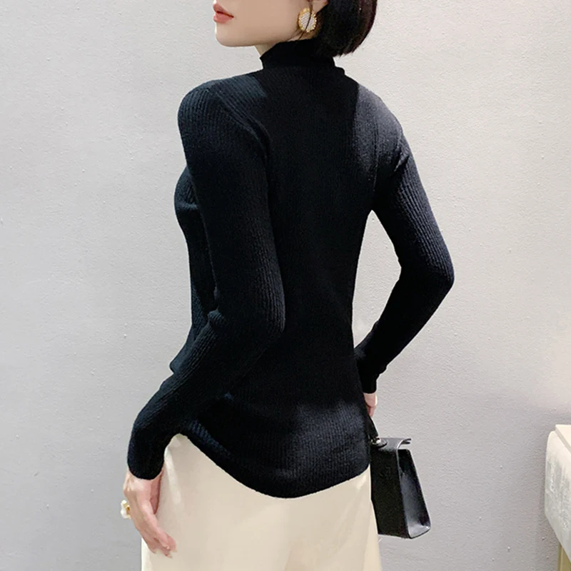 Black,Korean,Style,Winter,Knitted,Turtleneck,Sweater,Chic,Sexy,Shiny,Patchwork,Diamonds,Women,Long Sleeves,Tops,2025,New,4102910