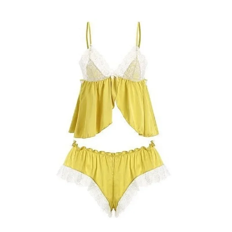 Satin 2Pcs Chemise&shorts Women Lace Patchwork Pajamas Set Sexy Backless Home Clothing Ruffles Split Sleepwear Nightwear