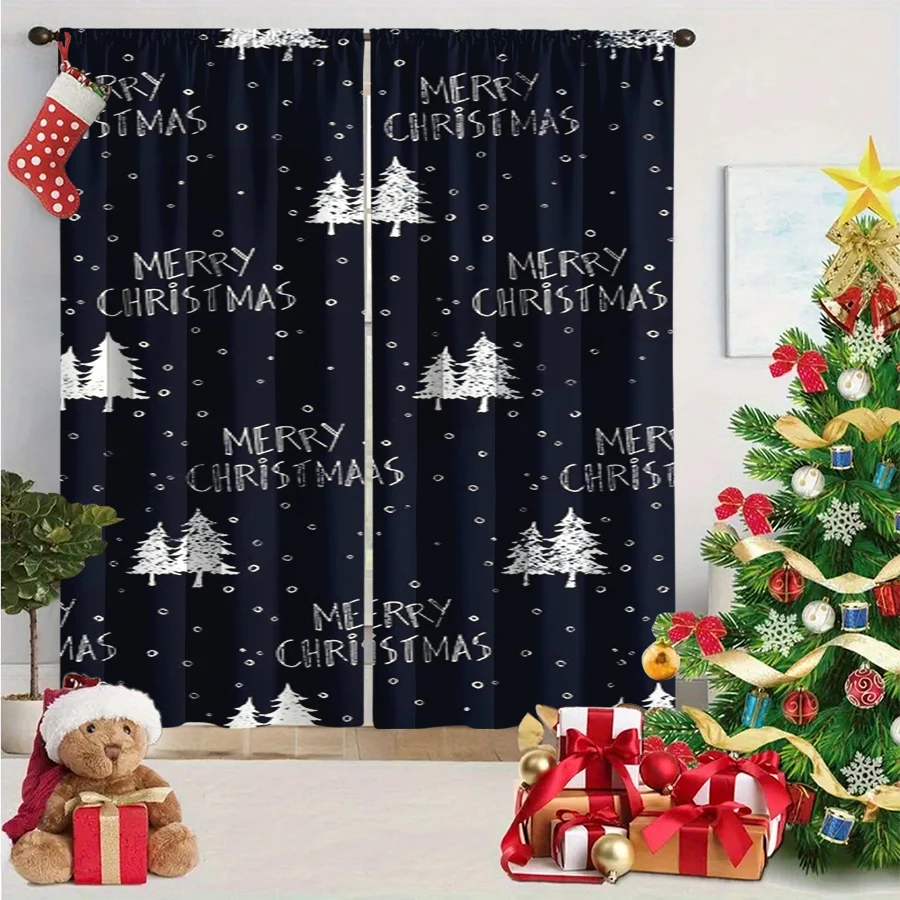 2PCS Digital Print Curtain, Dark Blue Merry Christmas Text Repeating with White Trees, Chalkboard Style, for Window Home Decor