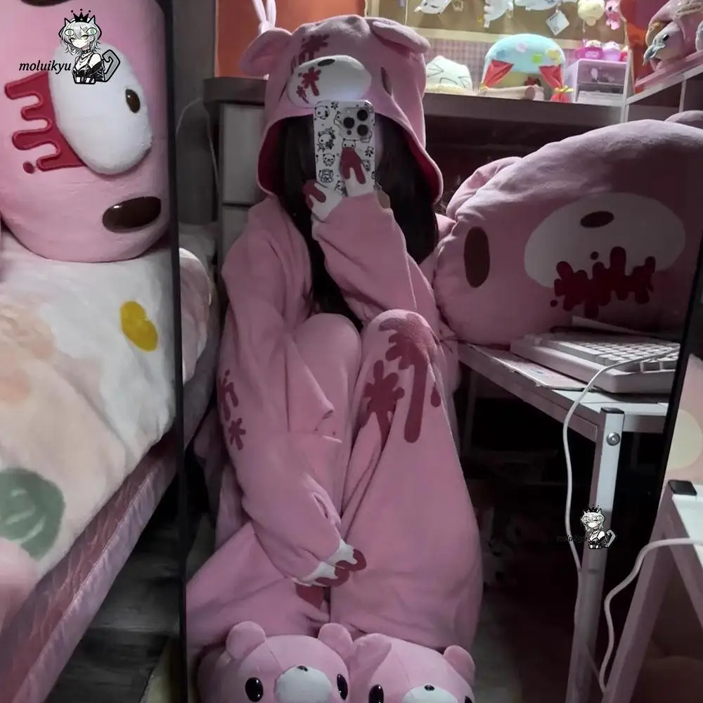 Kawaii Anime Pink Gloomy Blood Bear Onesies Keep Warm Fleece Kigurumi Pajamas Cosplay Costume Halloween Carnival Party Jumpsuit