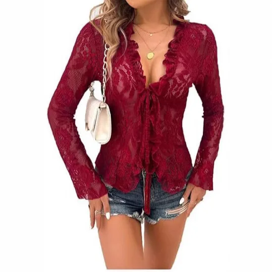 2025 Lace-up Perspective Lace Top Long-sleeved Ruffle Edge Decorative Perspective Mesh Lace Short Top