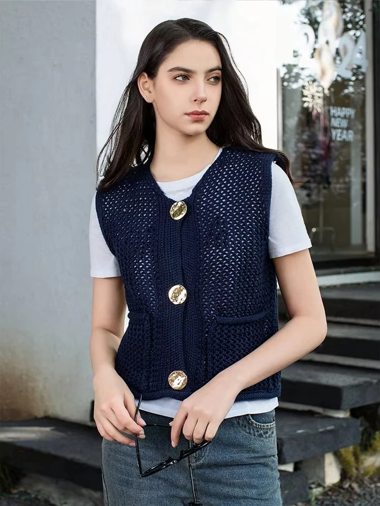 

HH Spring Women Elegant Solid Metal Buttons Sweater Vest With Pockets Sleeveless Waistcoat Y2k Crop Top Vest Female Knit Vests
