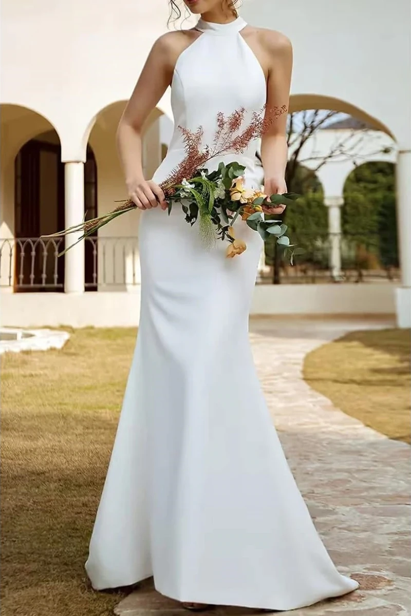 

Modern Mermaid Wedding Dresses Halter Neck Bow Boho Wedding Gown Bride Dress