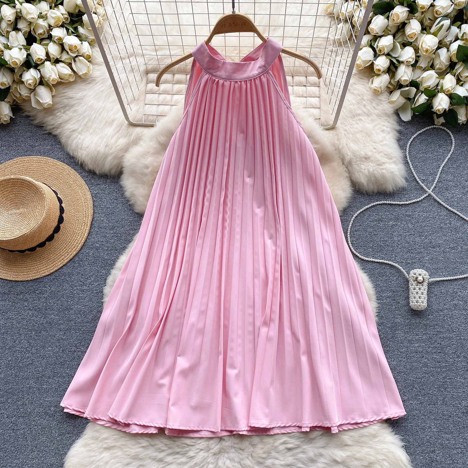 Chic Solid Pleated Bow Slip Dress Elegant  Halter Dress Beach Casual Vacation Sleeveless A-line Vestidos Summer Women