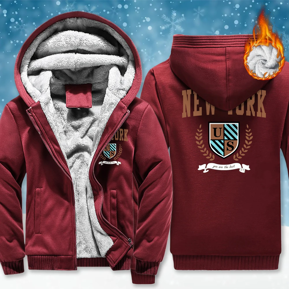 

New York Usa Pattern Male Zipper Thicken Clothing Fashion Fleece Hoodies Winter Pocket Loose Top Casual Long Sleeve For Men