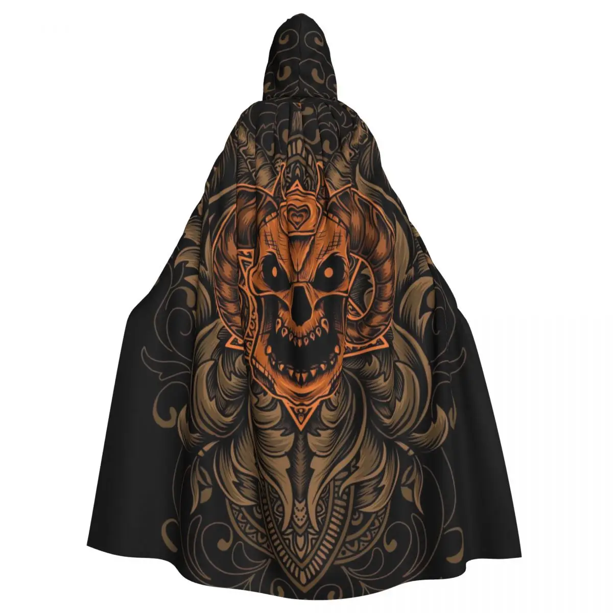 Demon Skull Head With Antique Engraving Ornament Hooded Cloak Halloween Party Cosplay Woman Men Adult Long Witchcraft Robe Hood