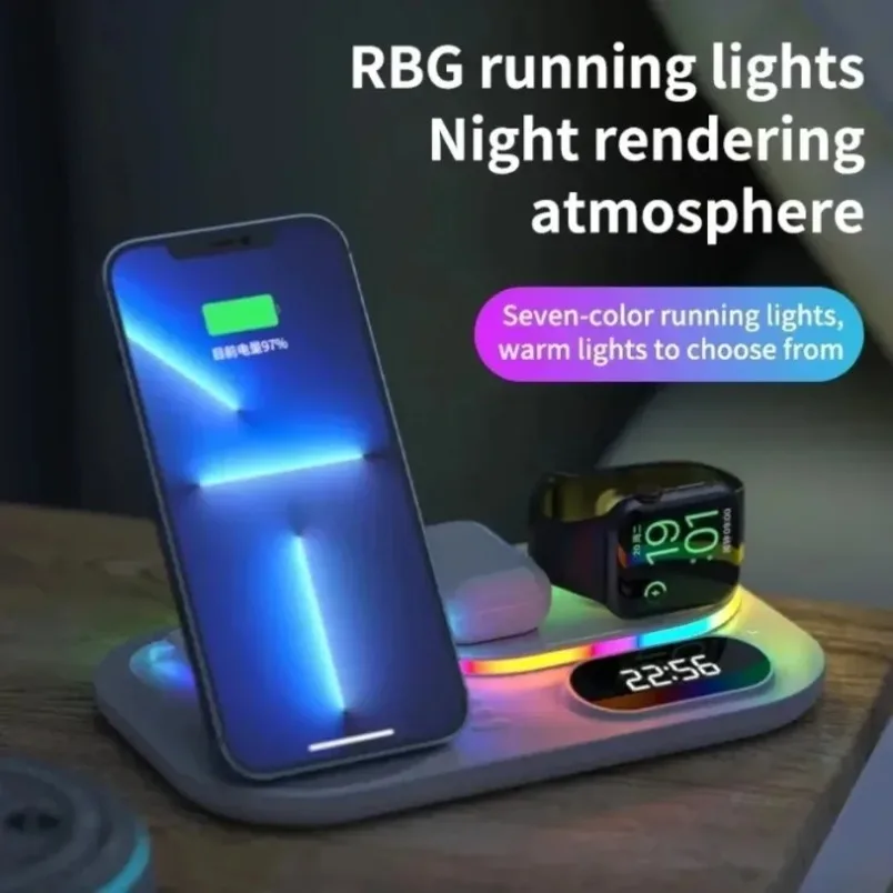 Multi Device Charger 15W Wireless Charging Station 15W Fast Charge for iPhone Samsung Watch Earbuds RGB Night Light Type-C