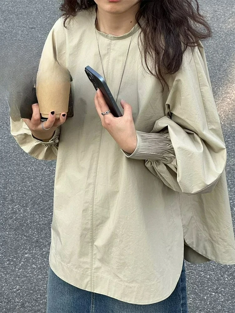 

Pleated Lantern Sleeve Shirt for Women Autumn New Loose Slimming Raglan Sleeve Pullover Mid-Length Top