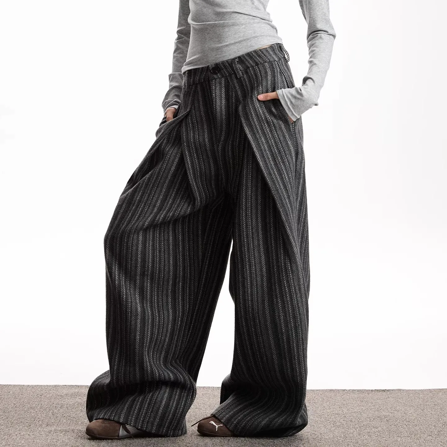 

Retro Striped Woolen Casual Pants New Wide-leg Loose Straight Thin Versatile Pants