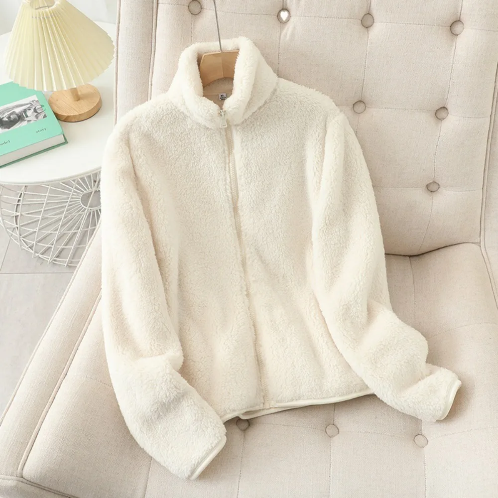 Large Size Women's and Men's Solid Color Coat Wool Coat Autumn and Winter Warm Pocket Zipper Loose Stand Collar Jacket Casual