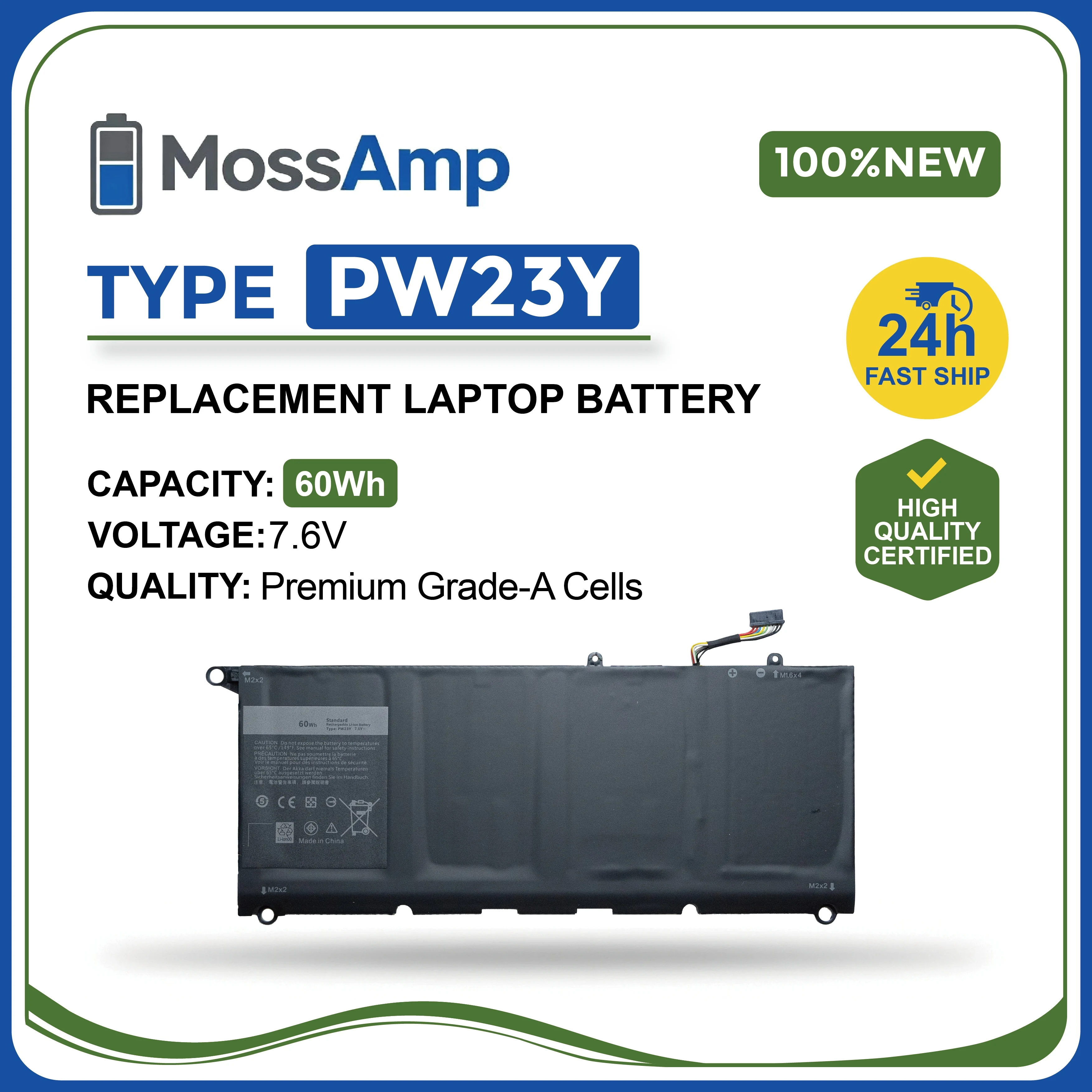 MossAmp 7.6V 60WH PW23Y Laptop Battery for XPS 13 9360 P54G002 TP1GT RNP72 0RNP72 0TP1GT