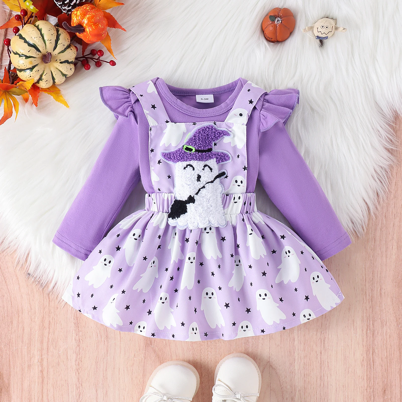 

2PCS In autumn, girls aged 0-1 are comfortable and fashionable, solid color long-sleeved suit + ghost strap skirt set