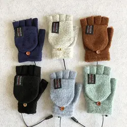 1Pair Unisex USB Electric Heating Winter Outdoor Heated Gloves Pure Color Full Half Finger Warmer Knitting Mitten