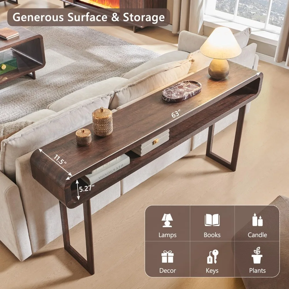 طاولة كونسول طويلة بطول 63 بوصة، طاولة مدخل حديثة بطول 31.5 مع رف تخزين مفتوح، تصميم ملف تعريف منحني، أريكة خشبية ضيقة