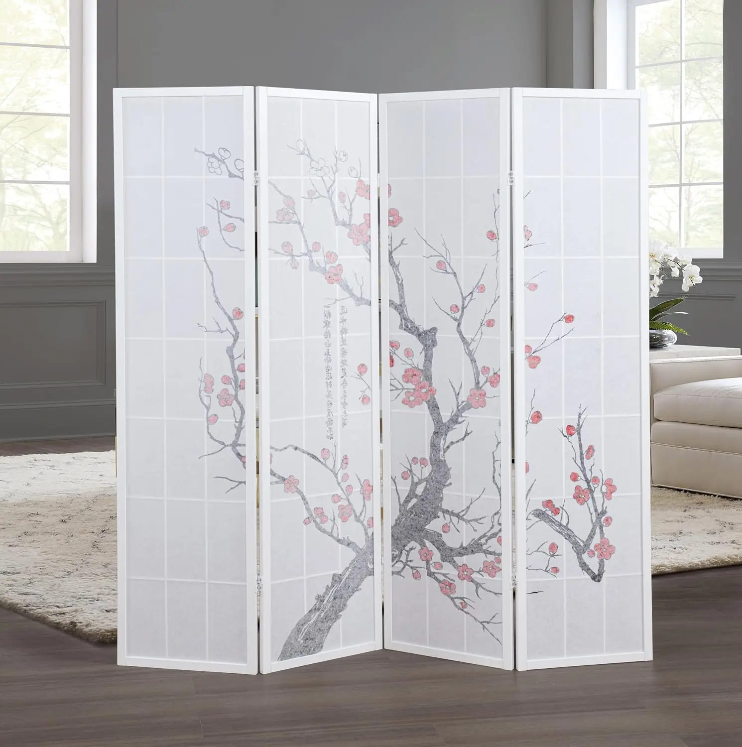Foldable Japanese Shoji Room Divider Privacy Screen, 4 Panel Wooden Freestanding Partition Wall Panel For Home And Office, Plum Blossom Print Rice Paper Space Separator, Traditional Zen Decor, White