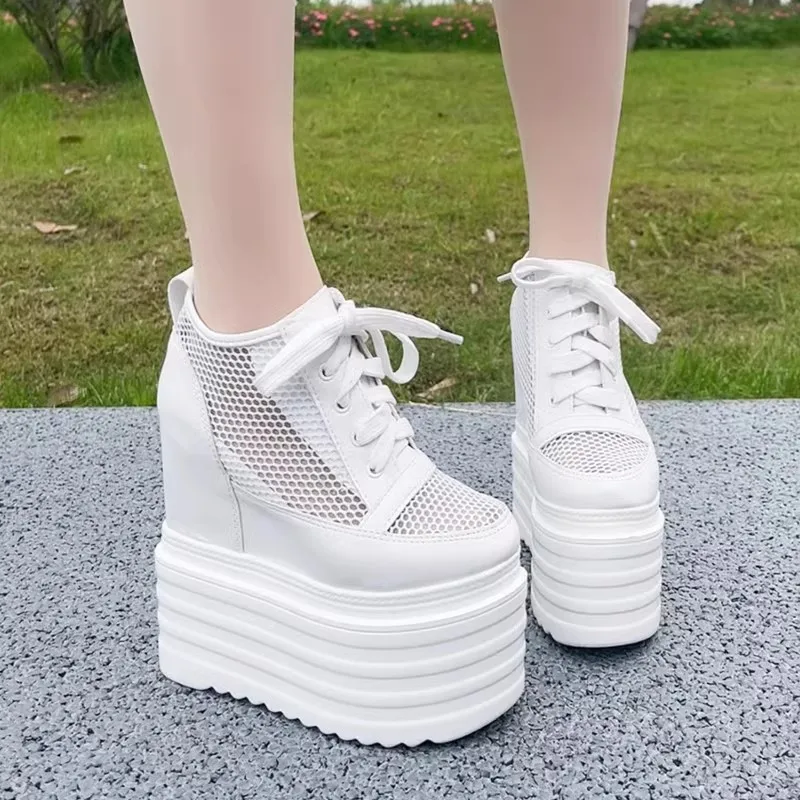 14 سنتيمتر 16 سنتيمتر جلد طبيعي النساء أحذية الصيف منصة أحذية رياضية صندل خشبي عالية الكعب جوفاء جلد طبيعي موضة أحذية رياضية