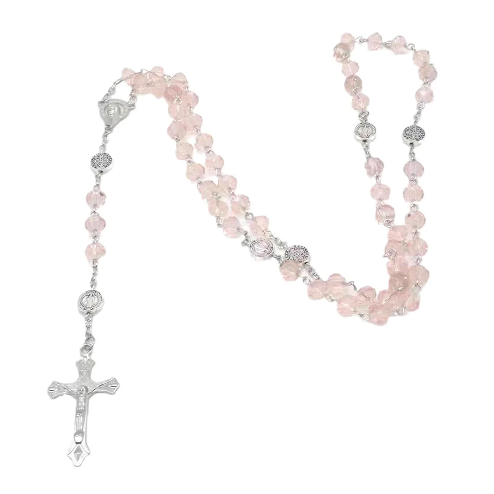 Hot selling pink crystal cross prayer bead pendant necklace transparent rainbow crystal necklace accessory for UNISEX