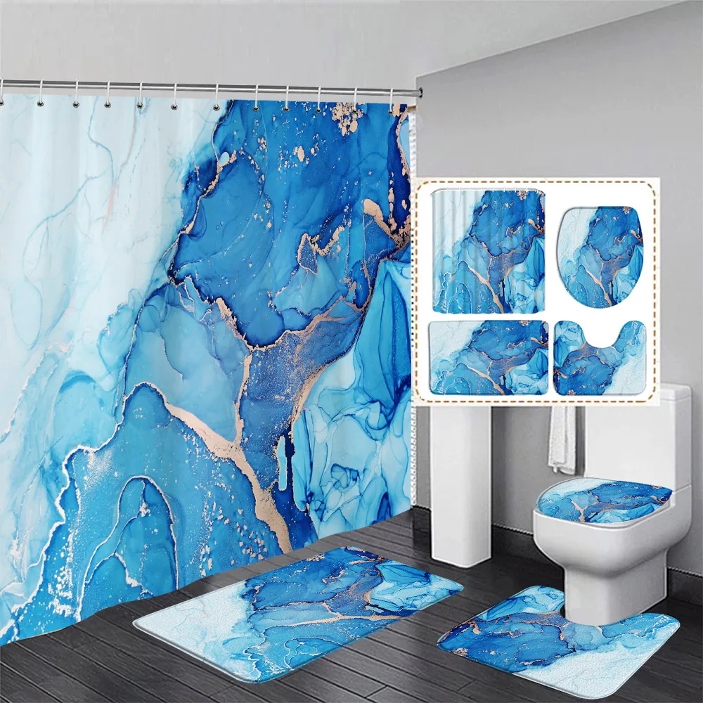 Abstract Marble Shower Curtain Set Blue Green Black Print Modern Geometric Bathroom Decor Non Slip Rug Bath Mat Toilet Lid Cover