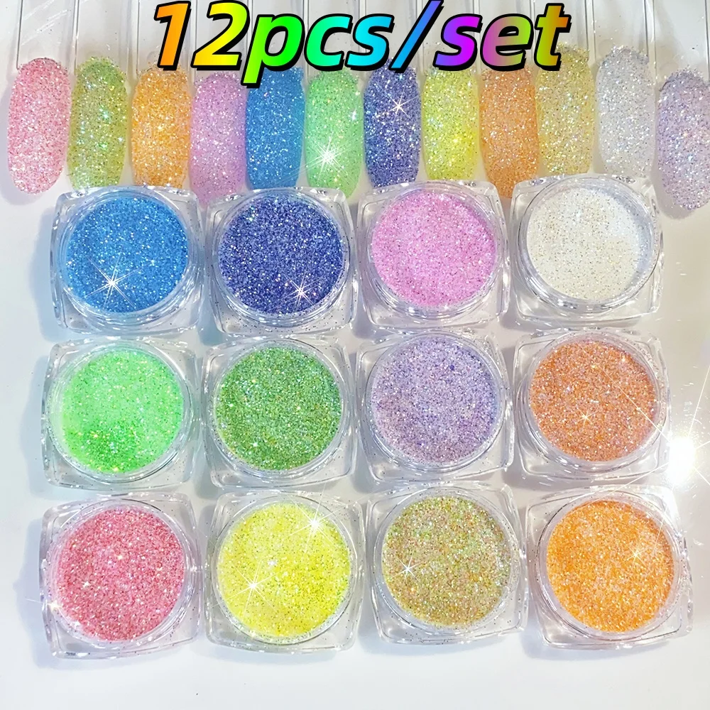12 stks/set Fijne Iriserende Vlokken Nagel Pigment Stof Regenboog Snoep Suiker Nagel Glitter Poeder Elegante Bruiloft Manicure Decoraties *