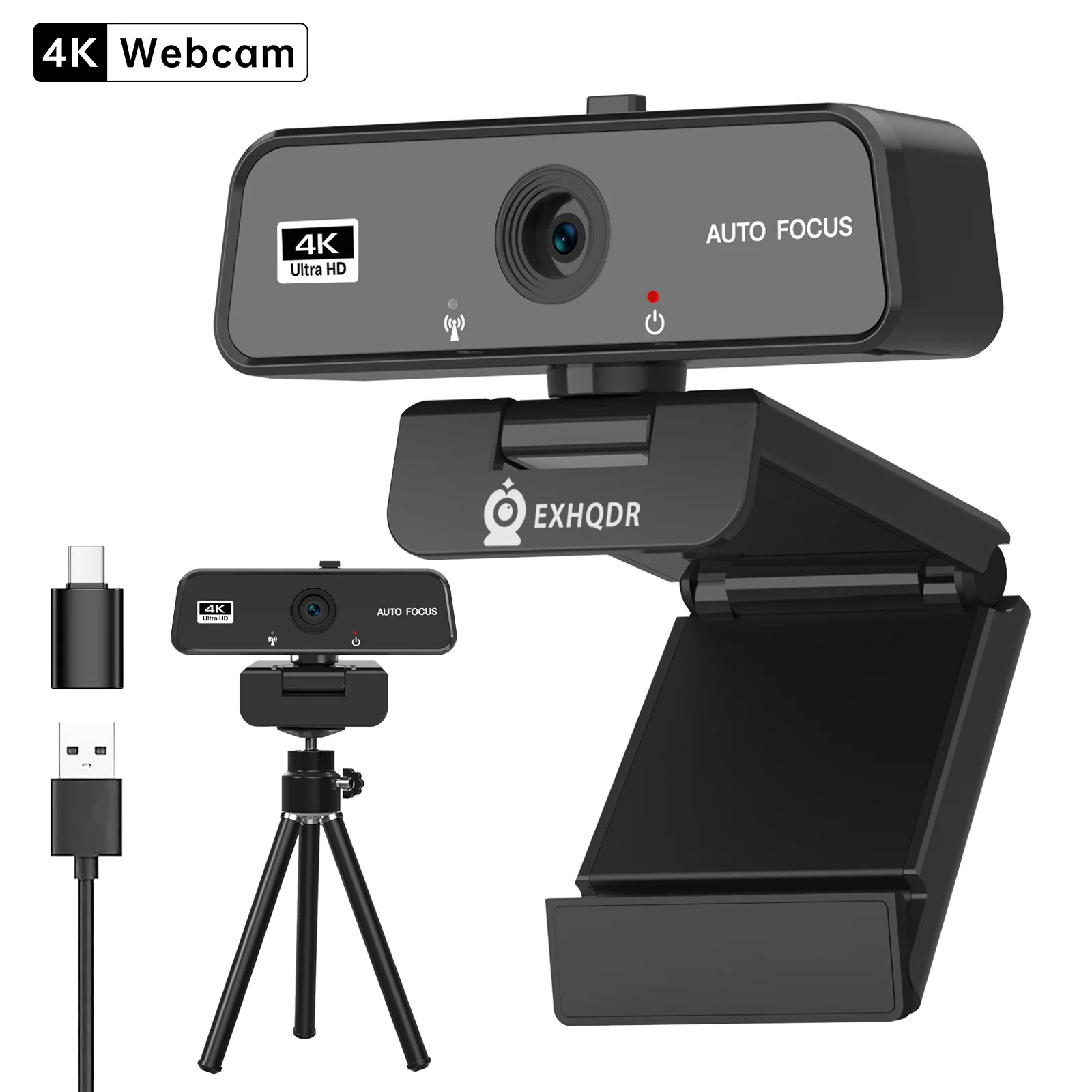 EXHQDR 4K USB Webcam with Autofocus, 8MP30fps, Slide Privacy Cover, Mic, Tripod, Type-C, for Zoom, Streaming, Video Call, PC/Mac