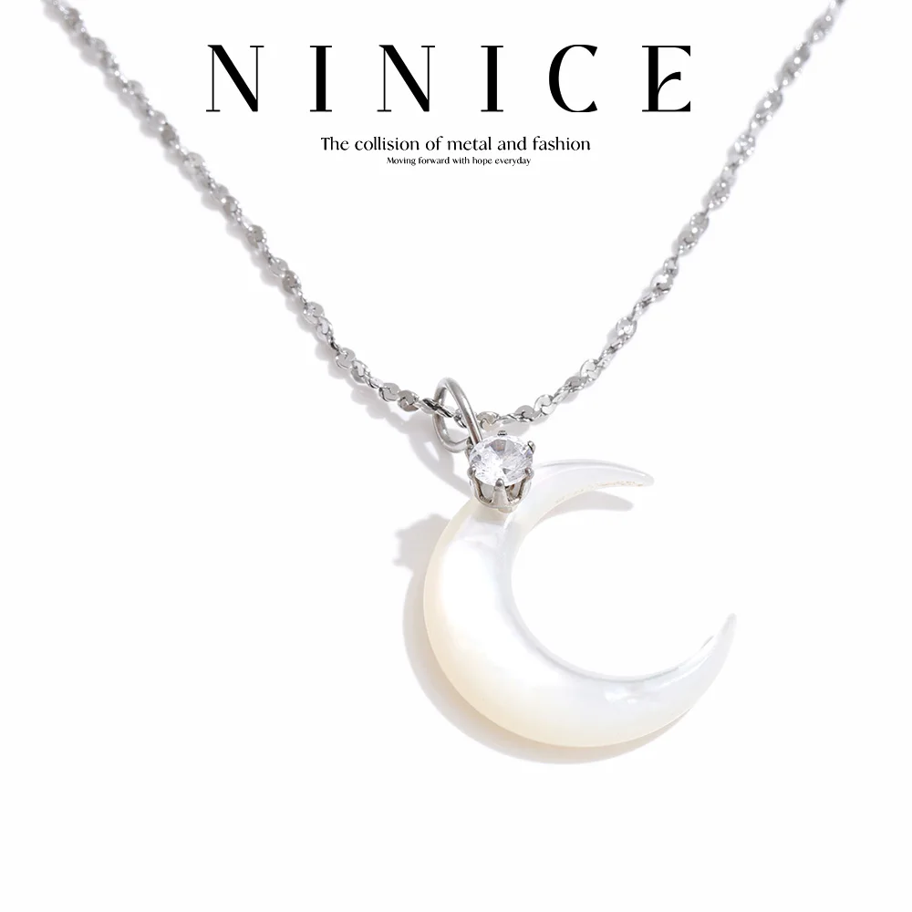 NiNice Stainless Steel Necklace Moon Zircon Pendant with Fashionable and Sweet Design Selected Jewelry Gift