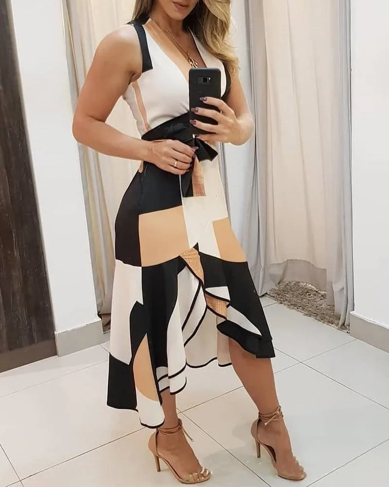 

women's sleeveless midi dress sexy summer v neck 2024 fashion geometry print lrregular ruffle hem office ladies dresses