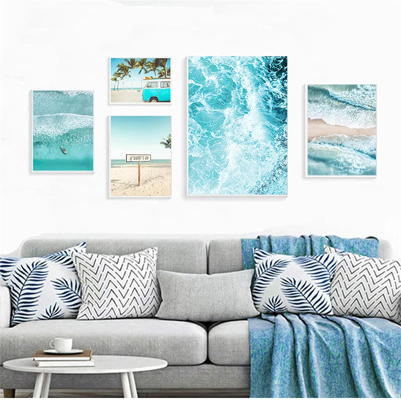 Scandinavian Tropical Landscape Posters Modern Prints Sea Beach Bus Palm Tree Wall Art Canvas Painting Nordic Decoration Pict