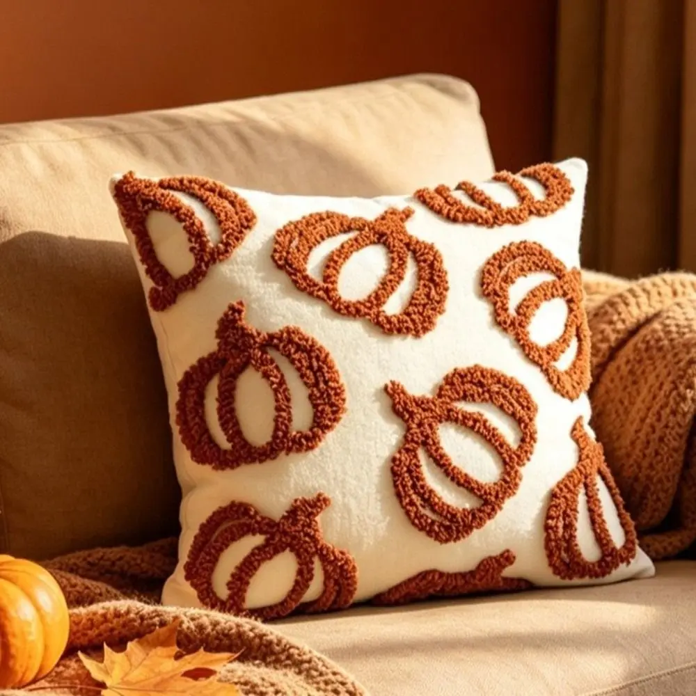 Chenille Throw Pillow Covers Zipper Closure Orange Green Pillow Protectors Embroidered Pumpkin Fall Pillow Covers Autumn Decor