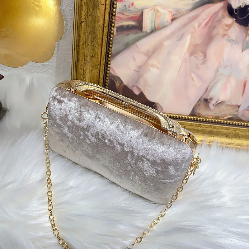 New Women Black Velvet Evening Clutch Bag Glitter Rhinestone Buckle Banquet Party Ladies Handbag Purse with Chain view 2