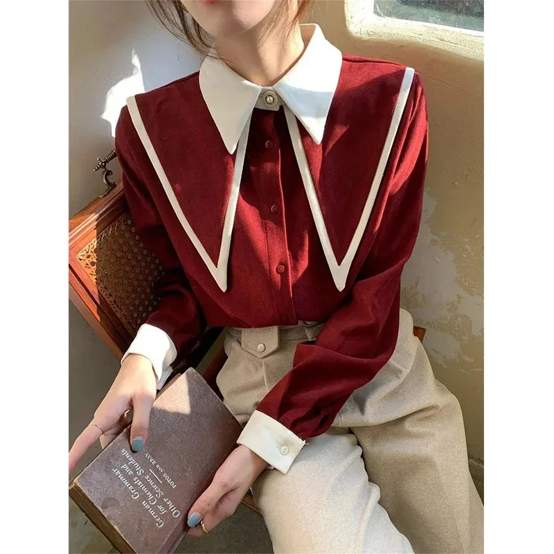 Vintage Chiffon Shirts Women Elegant Patchwork Long Sleeve Blouses  Loose Puff Sleeve Blouses Simple Single Breasted Tops 2024