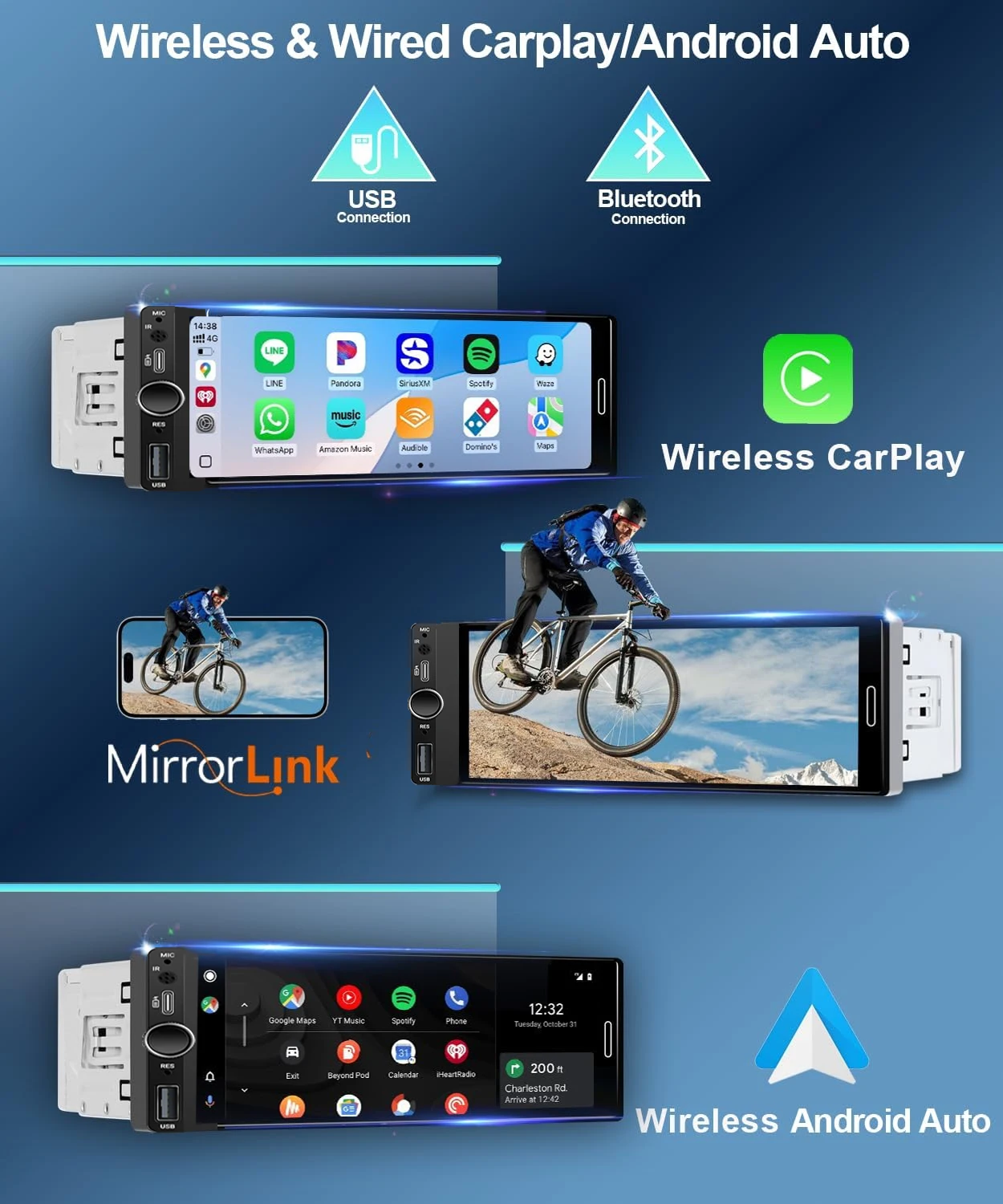 XIMA IPS HD 6.9 Inch Car Radio Wireless Carplay Android Auto 1Din Multimedia Playe Mirrorlink AUX Bluetooth USB Type-C Charging