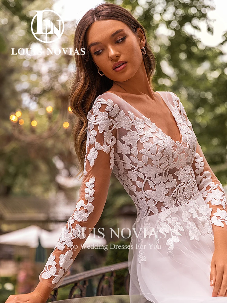 Louis Novias Kant Trouwjurken 2024 Frisse Sexy V-Hals Backless Appliques Bloemen Boho Trouwjurk A-Line Vestidos De Novia