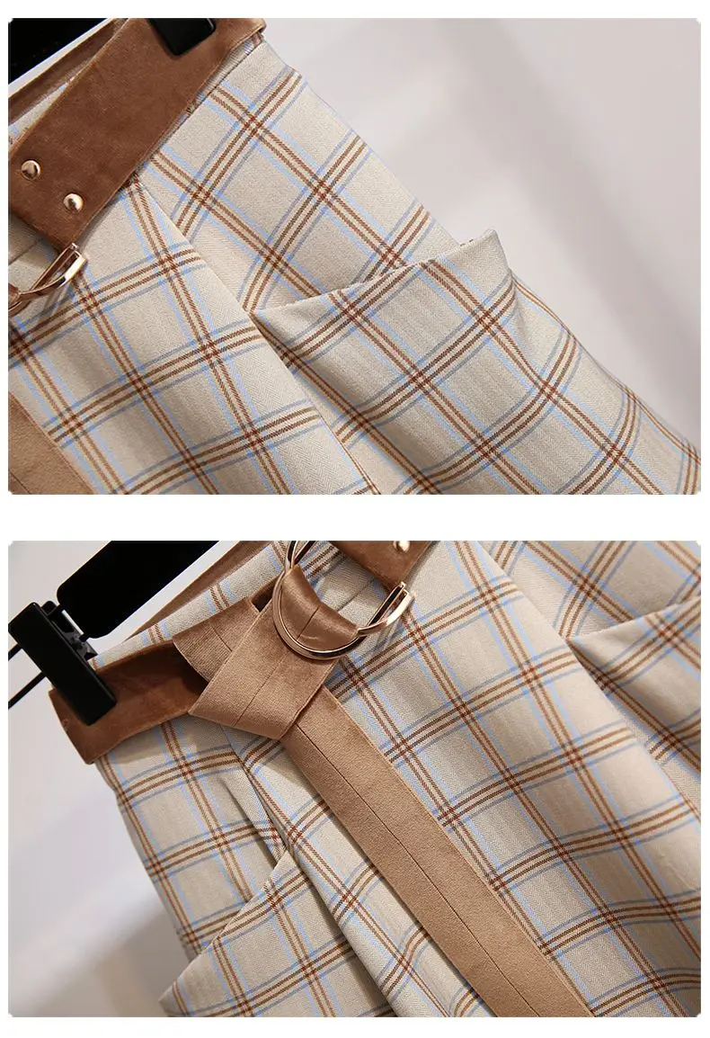 Plaid Vantage Hohe Taille A-linie Lose Mit Gürtel Tasche frauen Rock Koreanische Mode Mid-Kalb Lange Röcke Für frauen 2024 Frühling – Detail 9